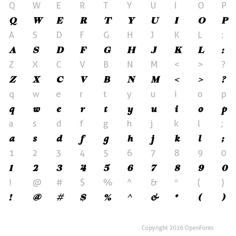 Character Map of ZT Chintzy Heavy Italic